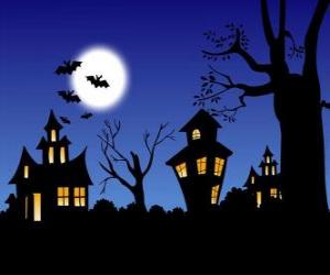 Puzzle Στοιχειωμένο σπίτι σε αποκριές - Πλήρης φεγγάρι, νυχτερίδες